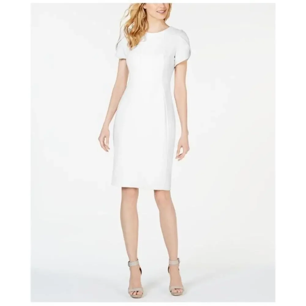 Calvin Klein Scuba Crepe Sheath Dress w/Short Tulip Sleeve in Cream - 10, NWOT - Picture 1 of 10